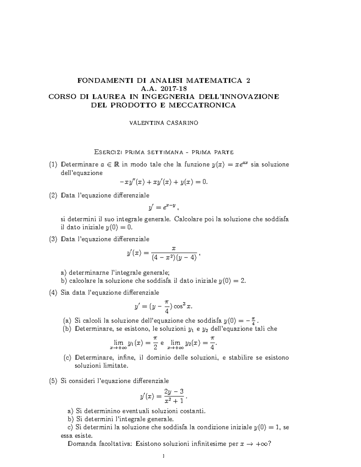 Esercizi - FONDAMENTI DI ANALISI MATEMATICA 2 A. 2017- CORSO DI LAUREA ...