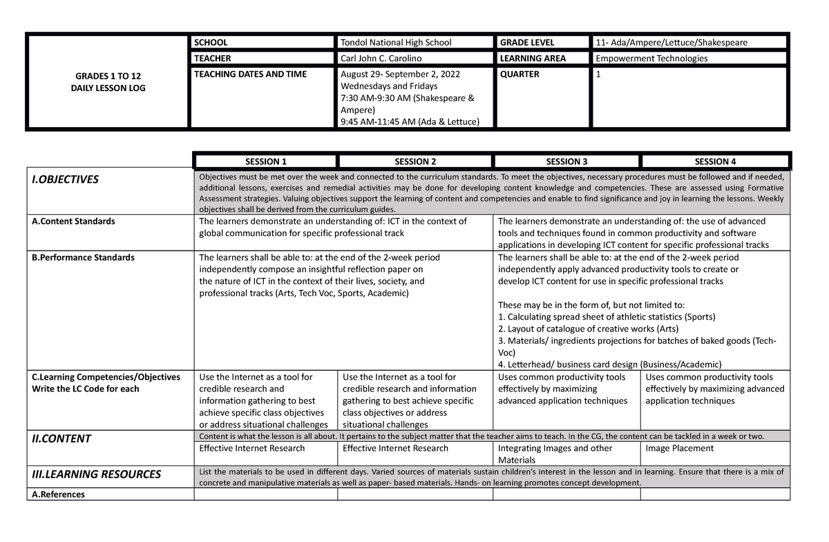 ET Q1 W2 - DLL - GRADES 1 TO 12 DAILY LESSON LOG SCHOOL Tondol National ...