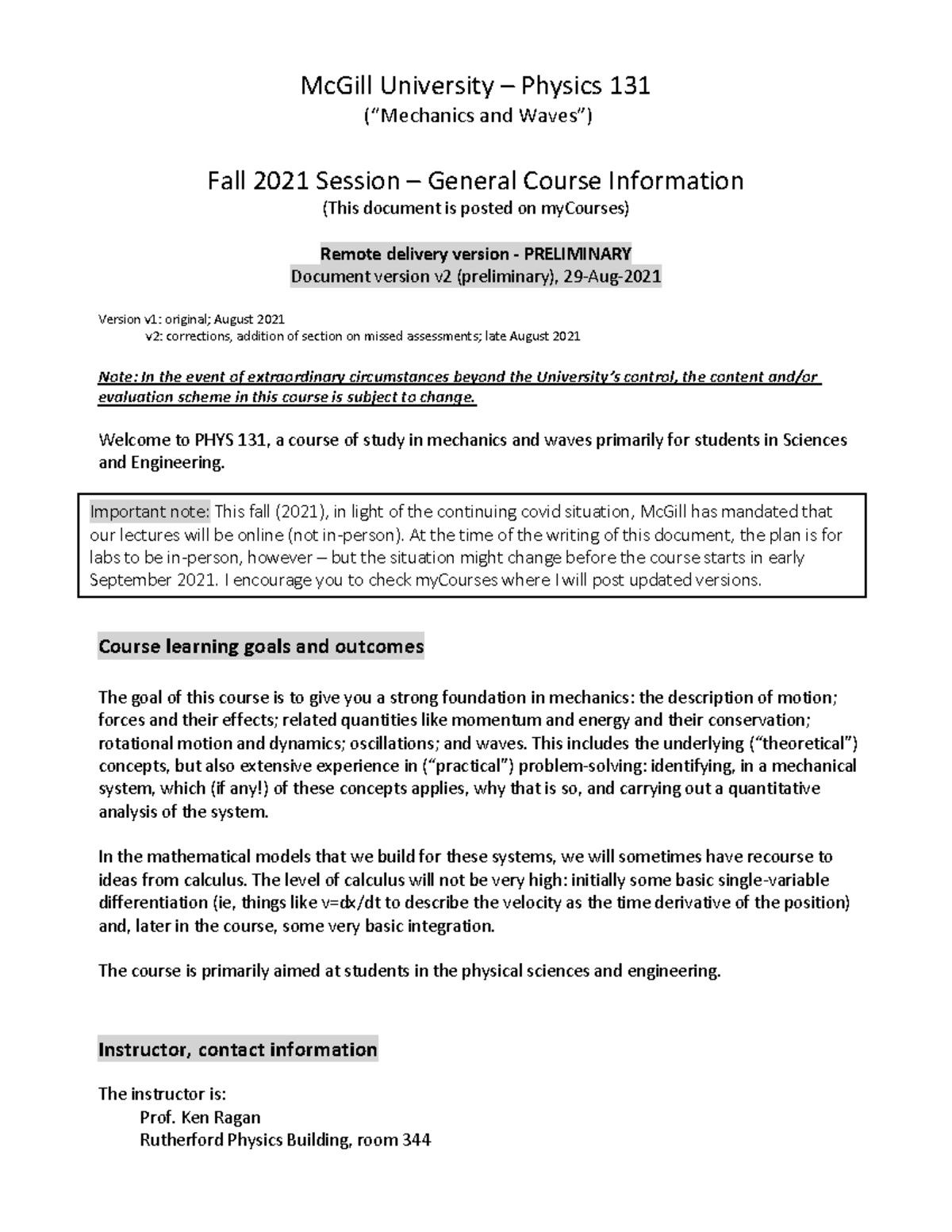 Phys131 2021 course information v2 - Course Syllabus and Summary for ...