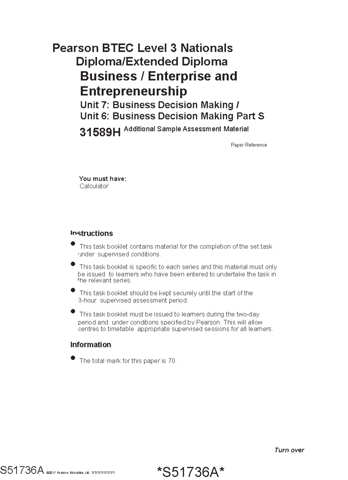 Additional Sample Assessment Material U7 Business Decision Making Part ...