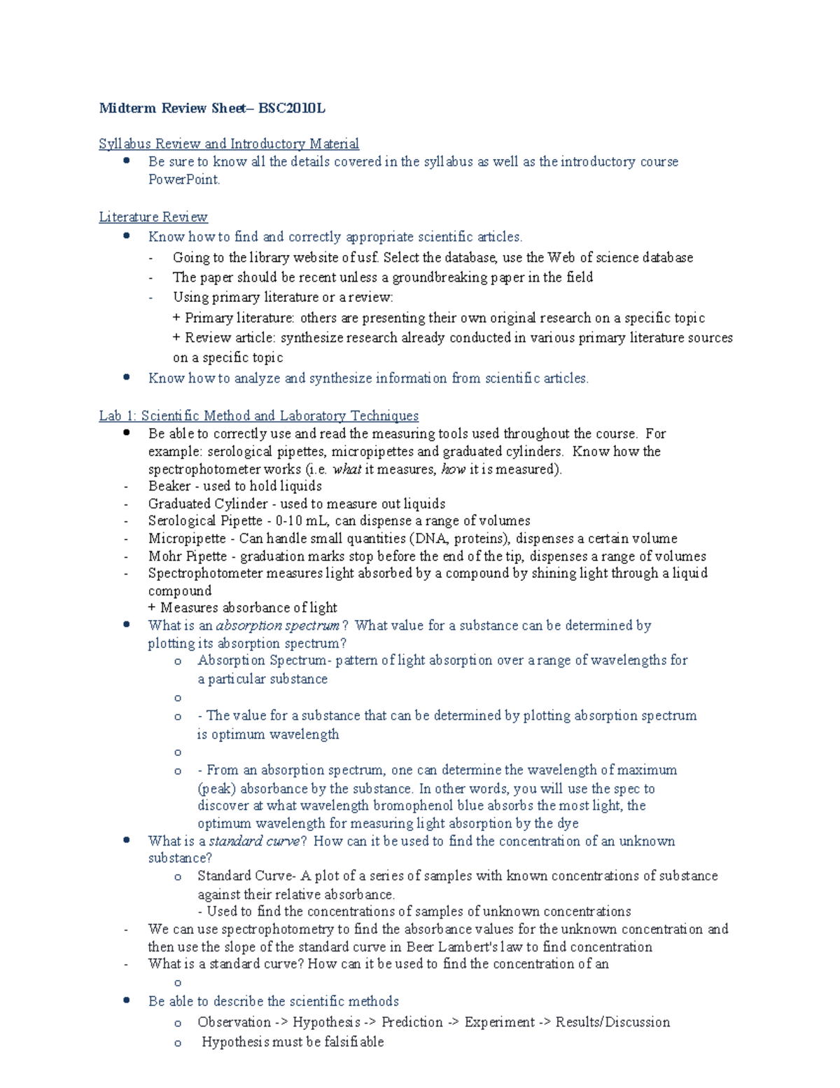 Midterm Review Sheet SP24 (2) 1 - Midterm Review Sheet– BSC2010L ...