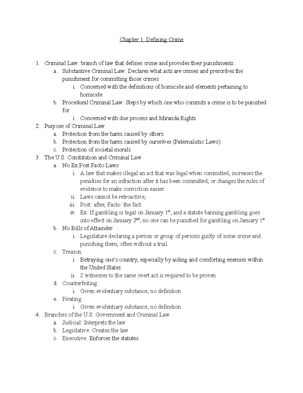 Chapter 1 notes (law) - Chapter 1: Defining Crime 1. Criminal Law ...