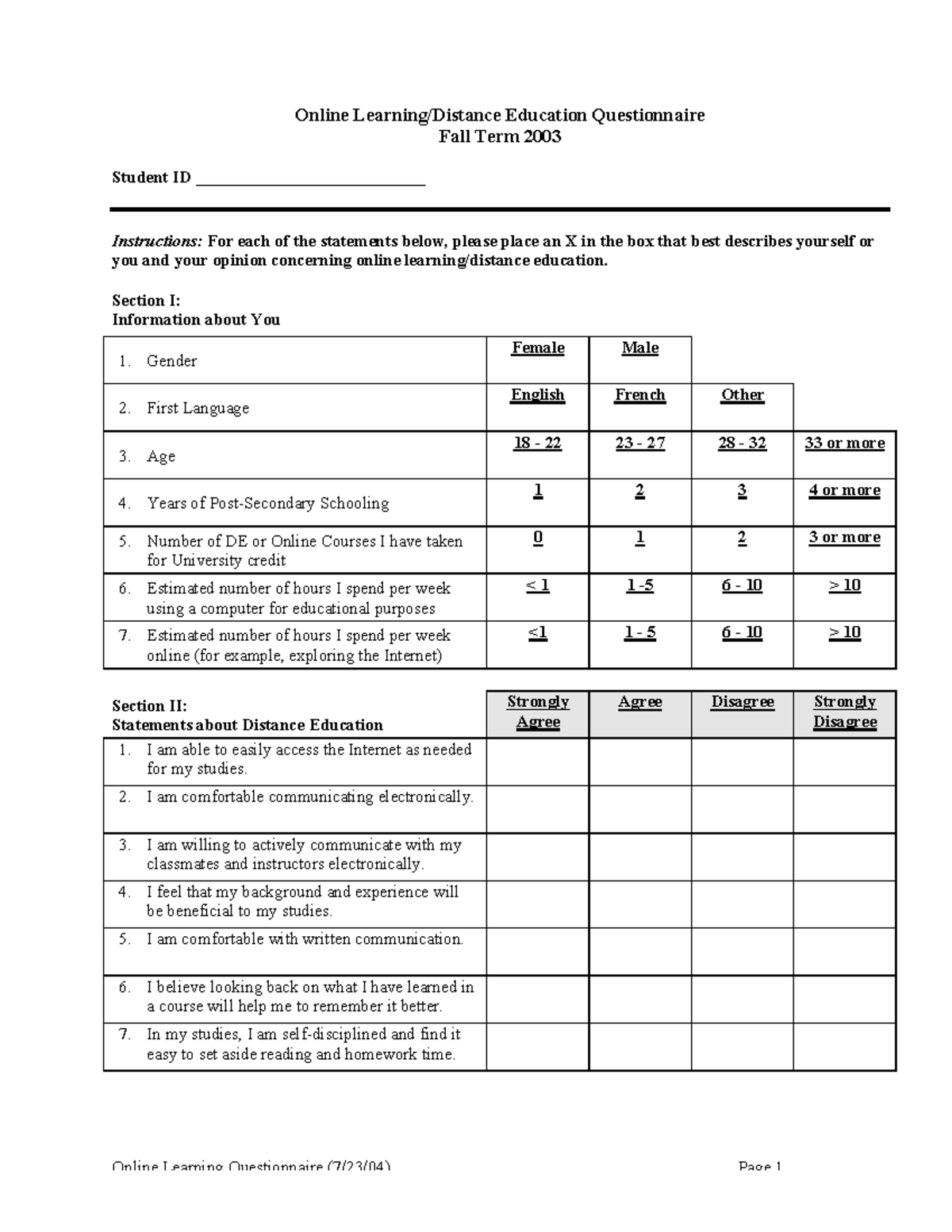Dp thesis 3 adv Online Learning Questionnaire (7/23/04) Page 1