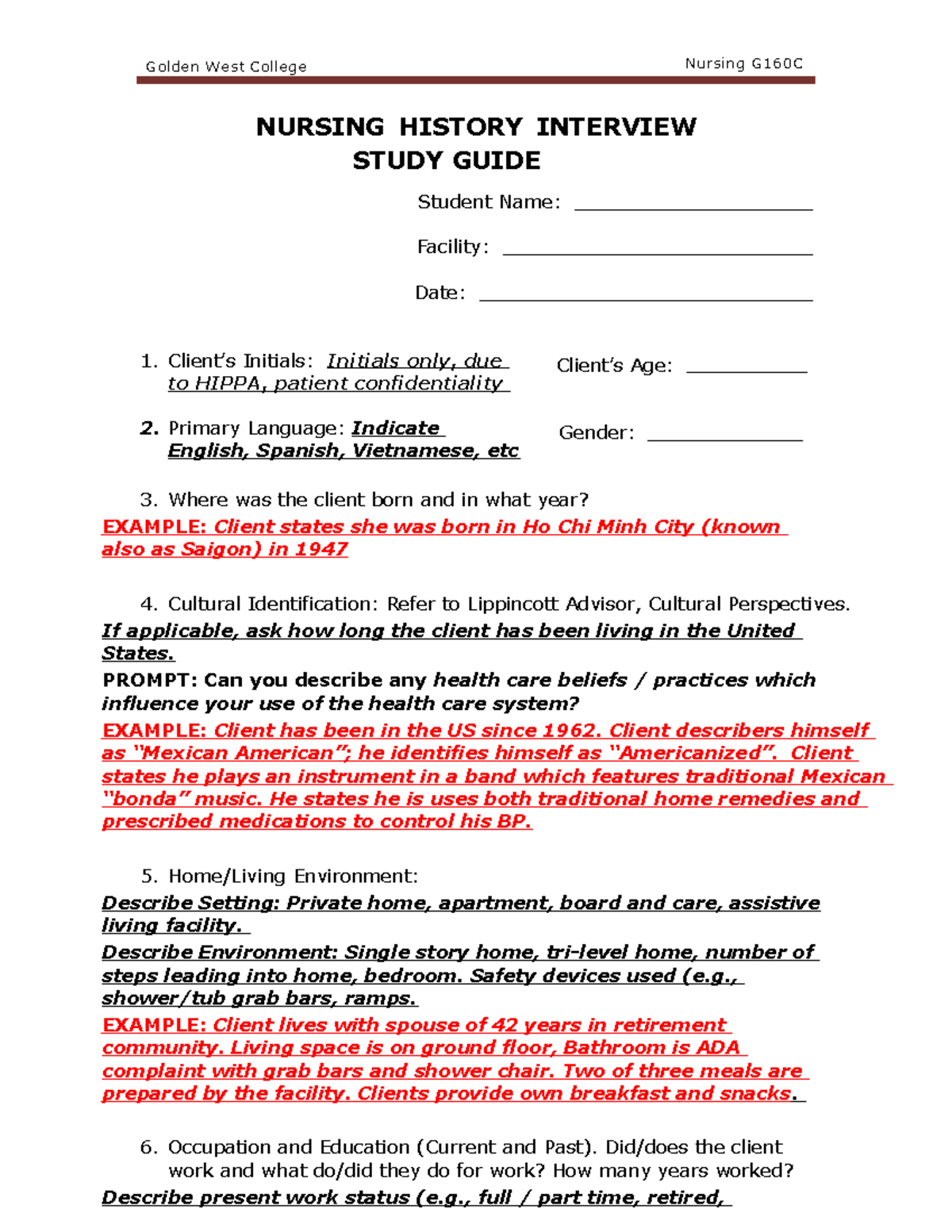 Senior Center Nursing History Interview Prompts And Suggested Reponses ...