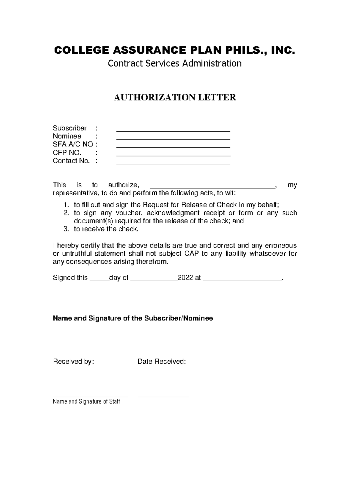 Authorization Letter - NONE - COLLEGE ASSURANCE PLAN PHILS., INC ...