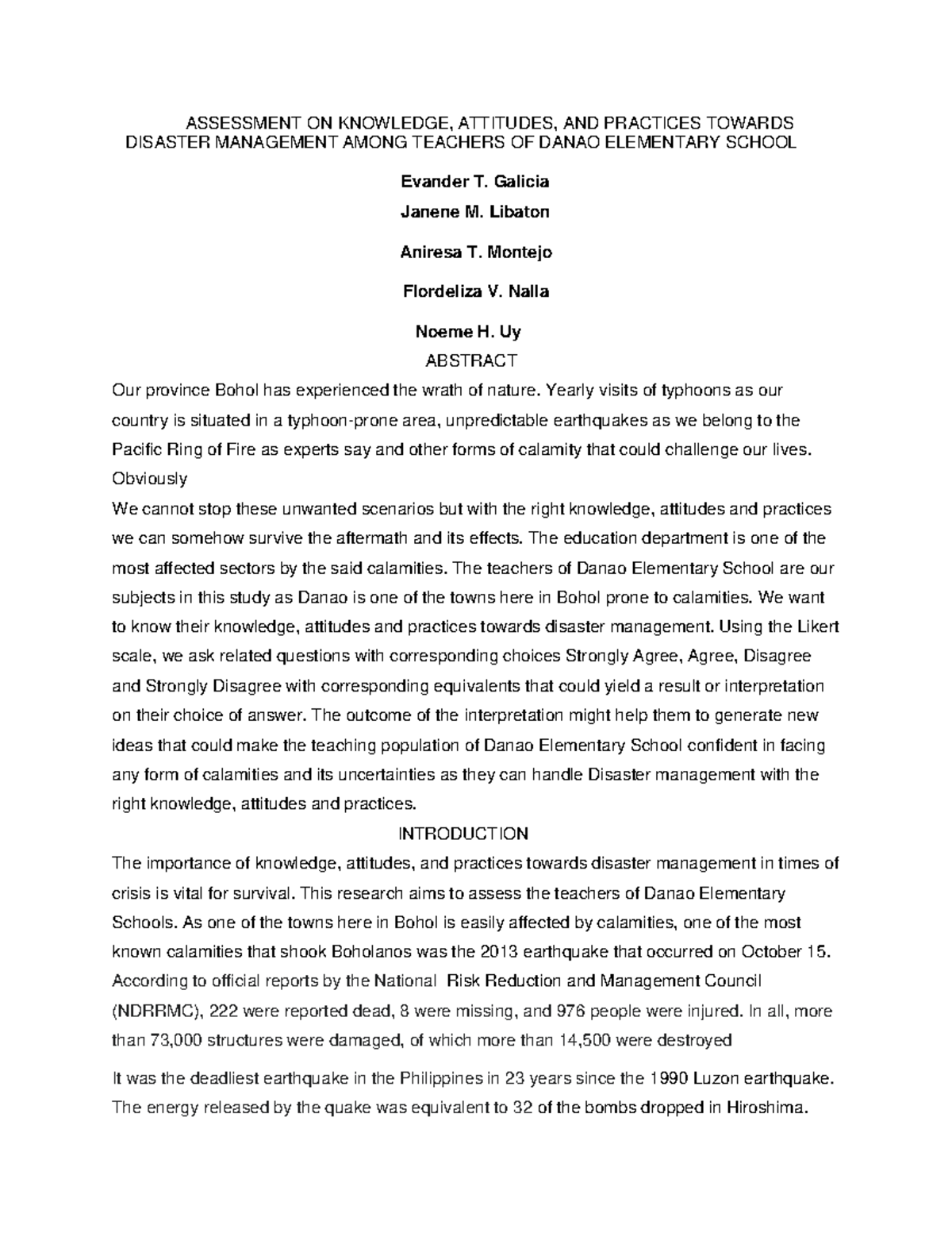 Assessment ONE N Knowledge Attitudes Practices Towards Disaster ...