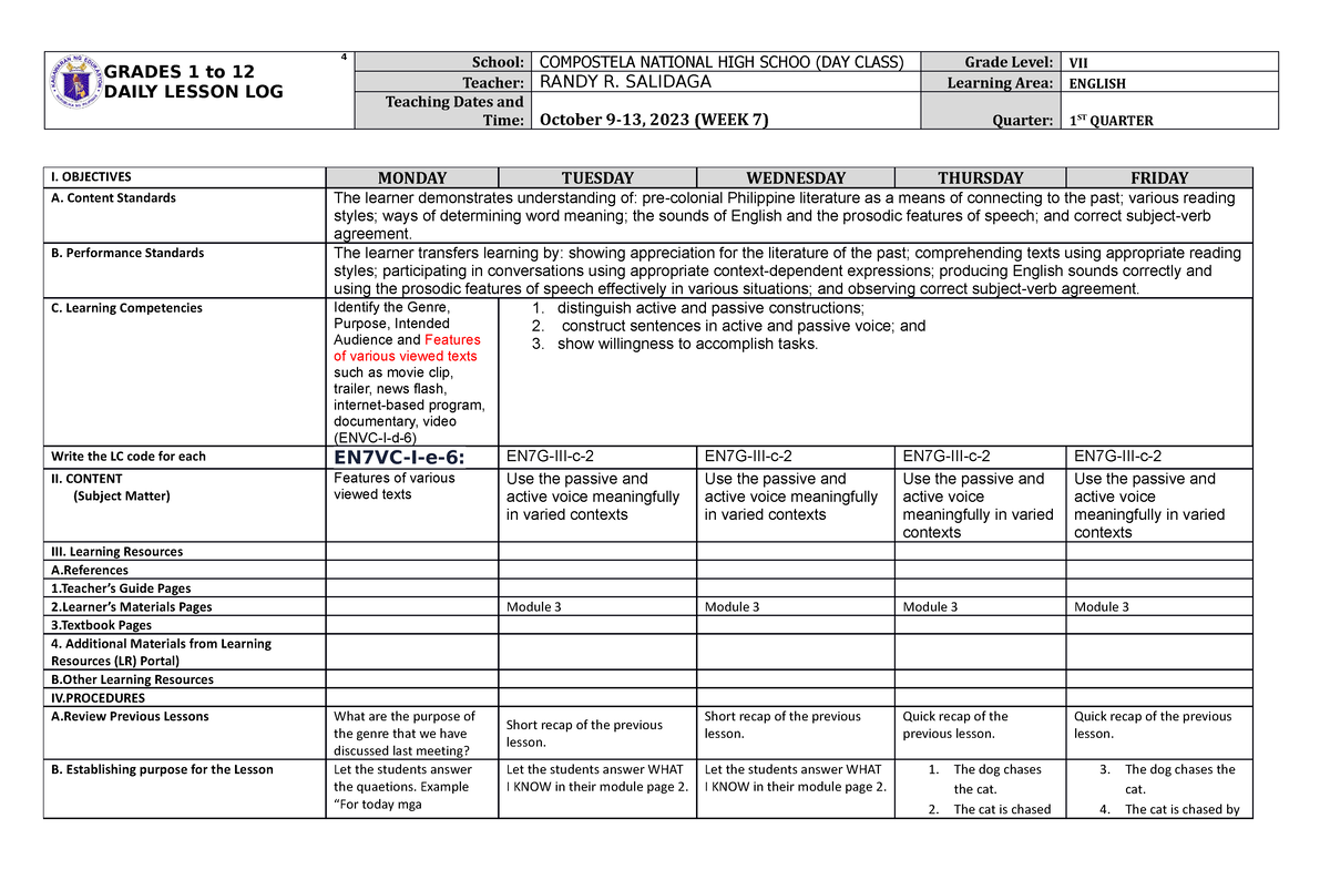 Voices of Verb week 7 - 4 GRADES 1 to 12 DAILY LESSON LOG School ...