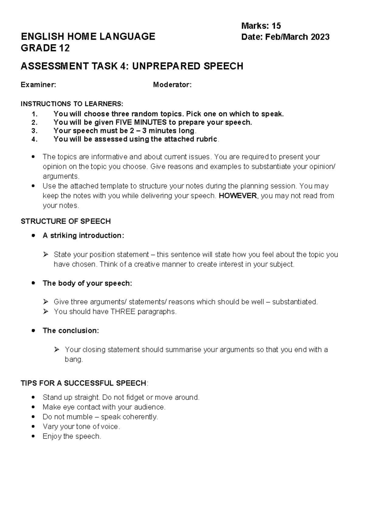 Grade 12 Task 4 Unprepared Speech.docx · version 1 - Marks: 15 ENGLISH ...