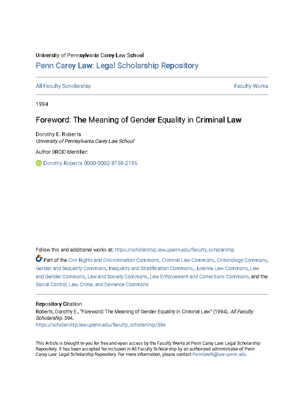 Foreword The Meaning of Gender Equality in Criminal Law - Roberts ...