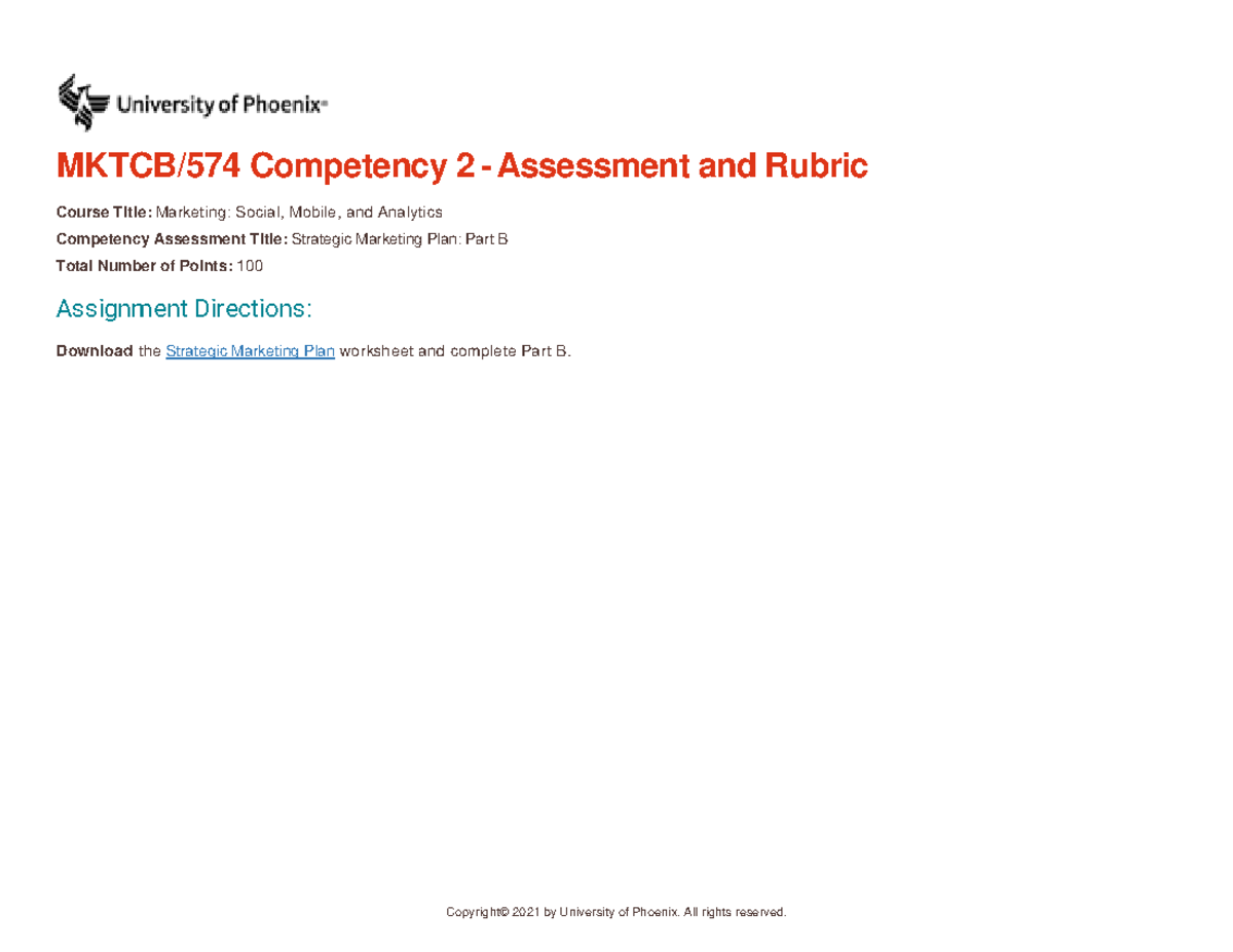 Mktcb 574 V1P3 Comp 2 Rubric - Copyright© 2021 By University Of Phoenix ...