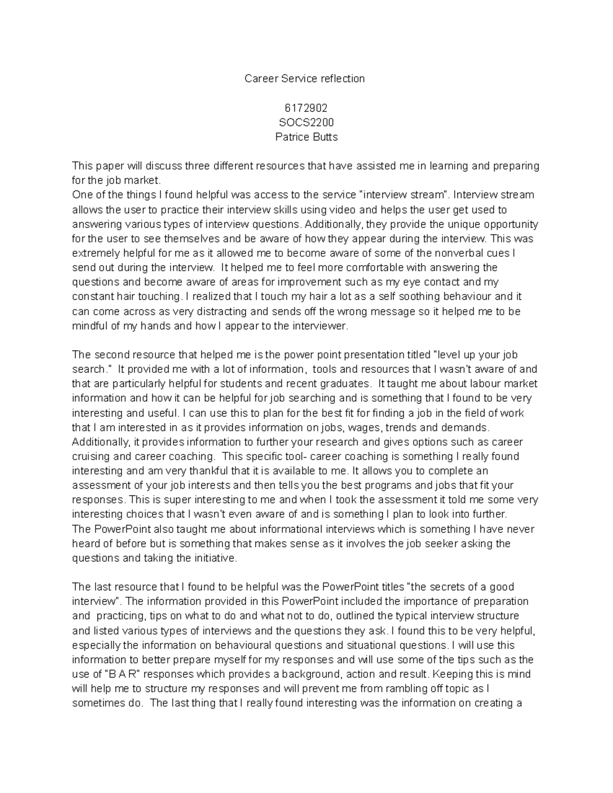 Career Grade 100 Career Service reflection 6172902 SOCS Patrice