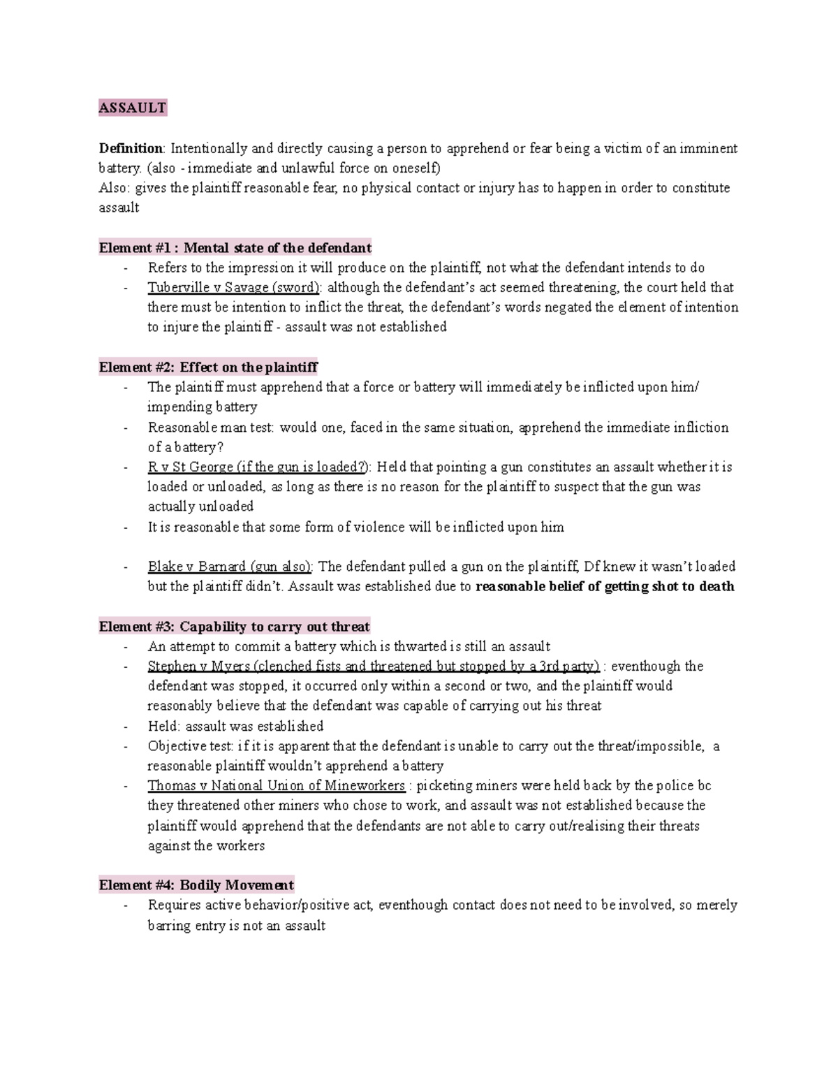 Tort I Assault Summary Tort Law I Assault Definition Intentionally And Directly Causing A 7322