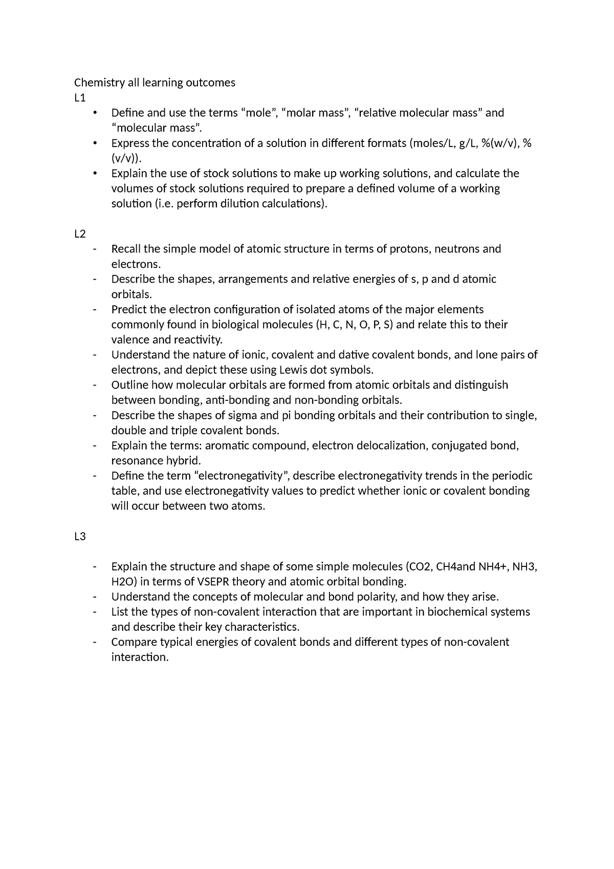 Chemistry learning outcomes - Chemistry all learning outcomes L ...