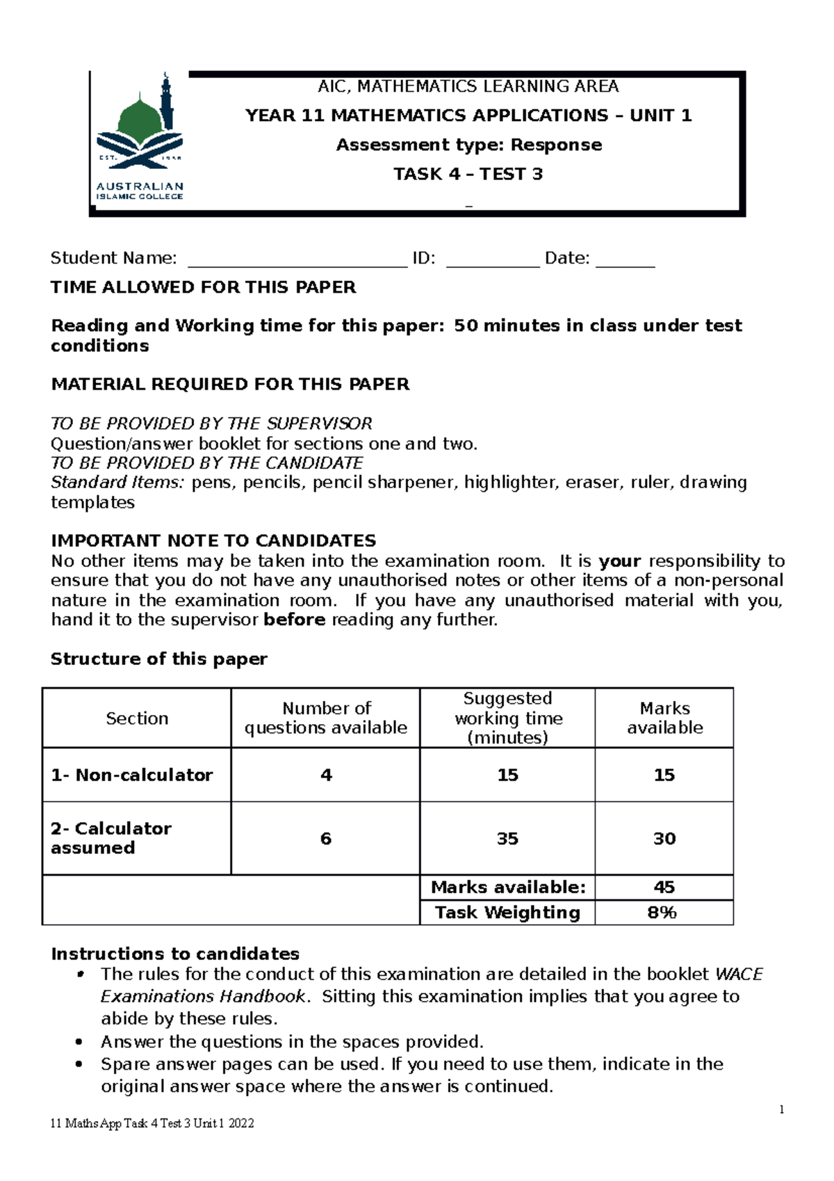 Test 3 Yr11 Applications Aic Mathematics Learning Area Year 11 Mathematics Applications Test 3 Yr11 Applications Aic Mathematics Learning Area Year 11 Mathematics Applications