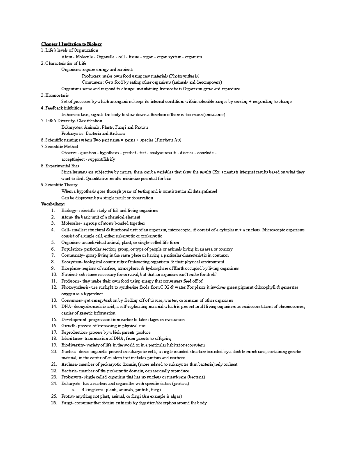 Bio exam 1 - bio exam 1 - Chapter 1 Invitation to Biology Life’s levels ...