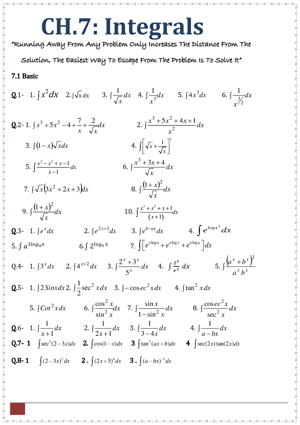 Integrals practice questions - CH: Integrals “Running Away From Any ...