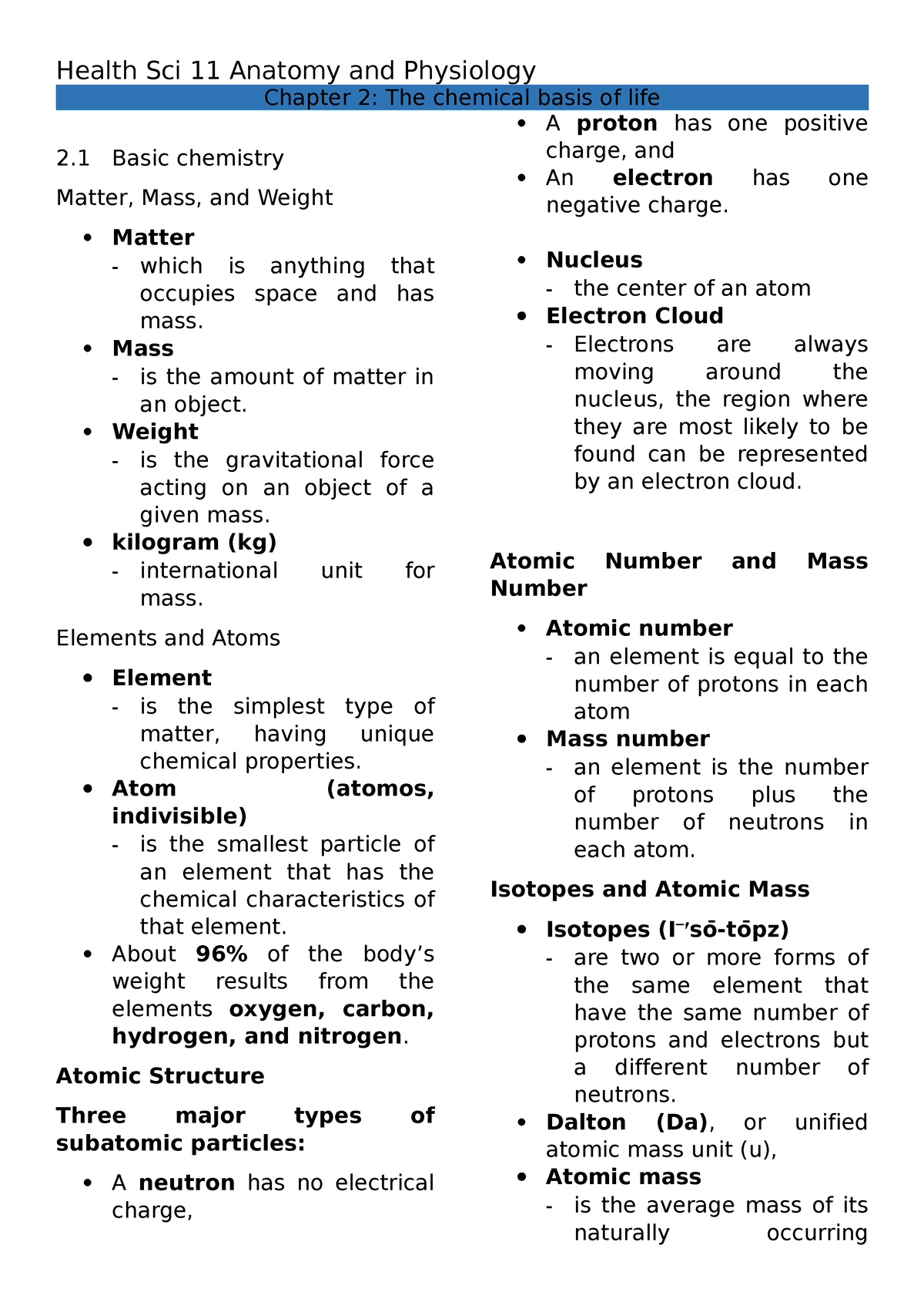 Chapter 2 The Chemical Basis Of Life - Health Sci 11 Anatomy And ...