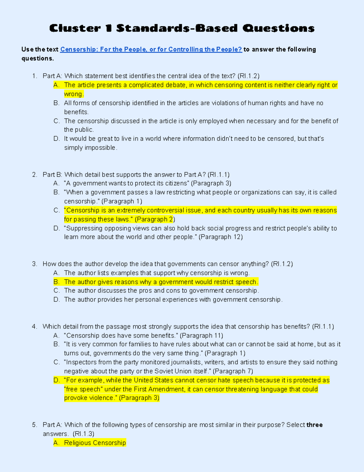 Standardsbased Questions Censorship Cluster 1 StandardsBased