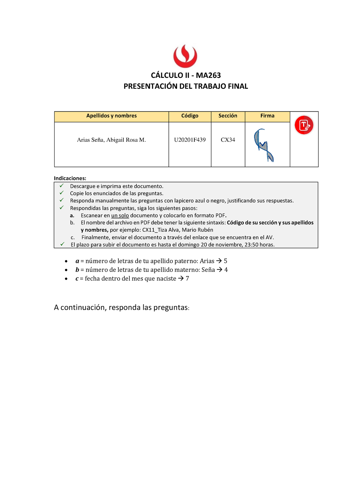 Tarea Calculo 2 - C¡LCULO II - MA PRESENTACI”N DEL TRABAJO FINAL ...