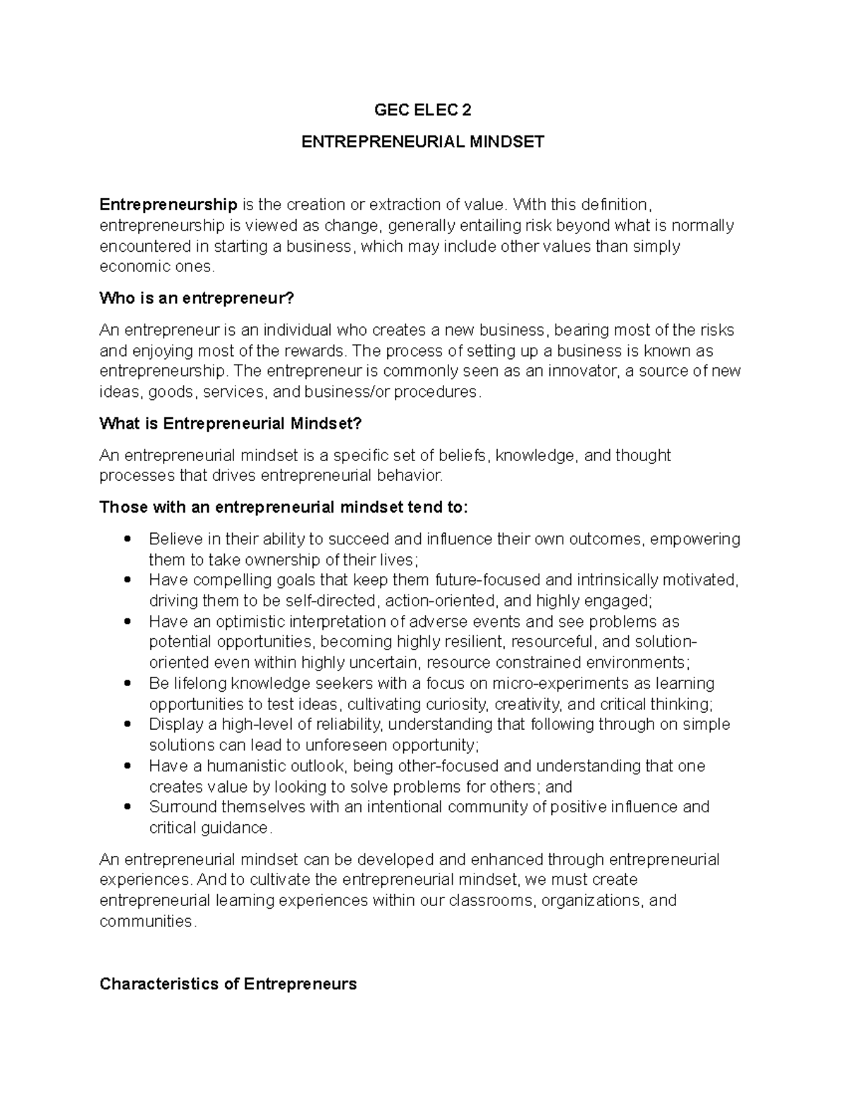 Entrepreneurial Mindset Prelim Midterm Gec Elec 2 Entrepreneurial