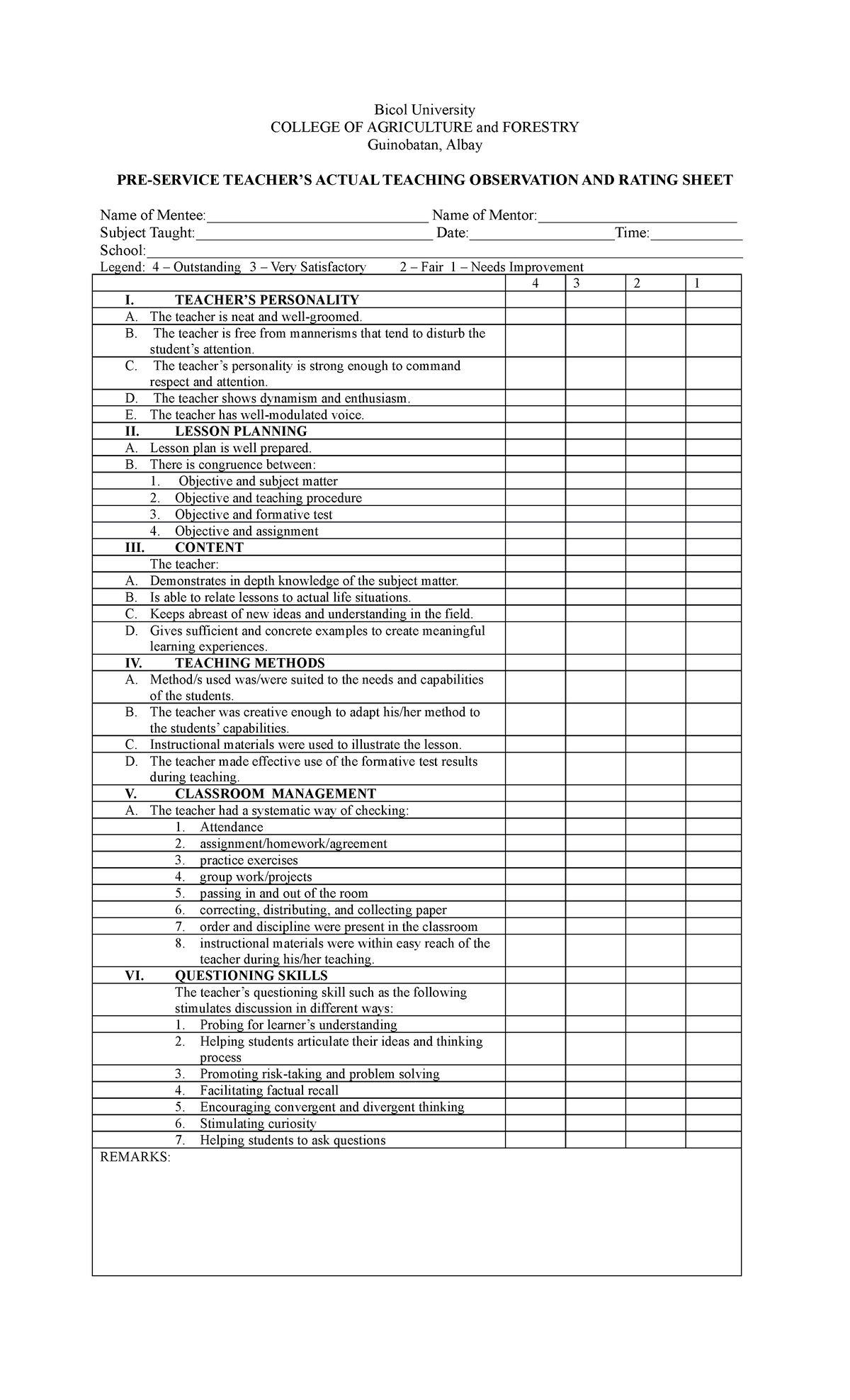 Actual Teaching Observation AND Rating Sheet - Bicol University COLLEGE ...