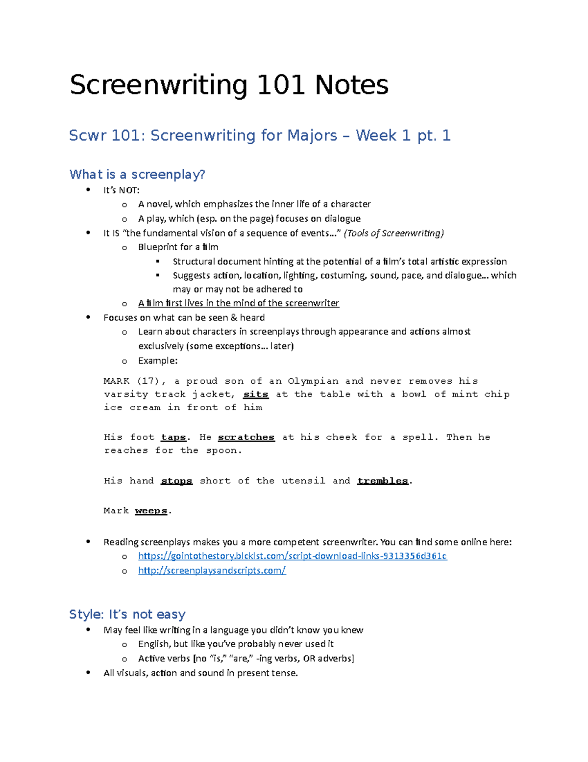 Notes Prof Jef Burnham Screenwriting 101 Notes Scwr 101