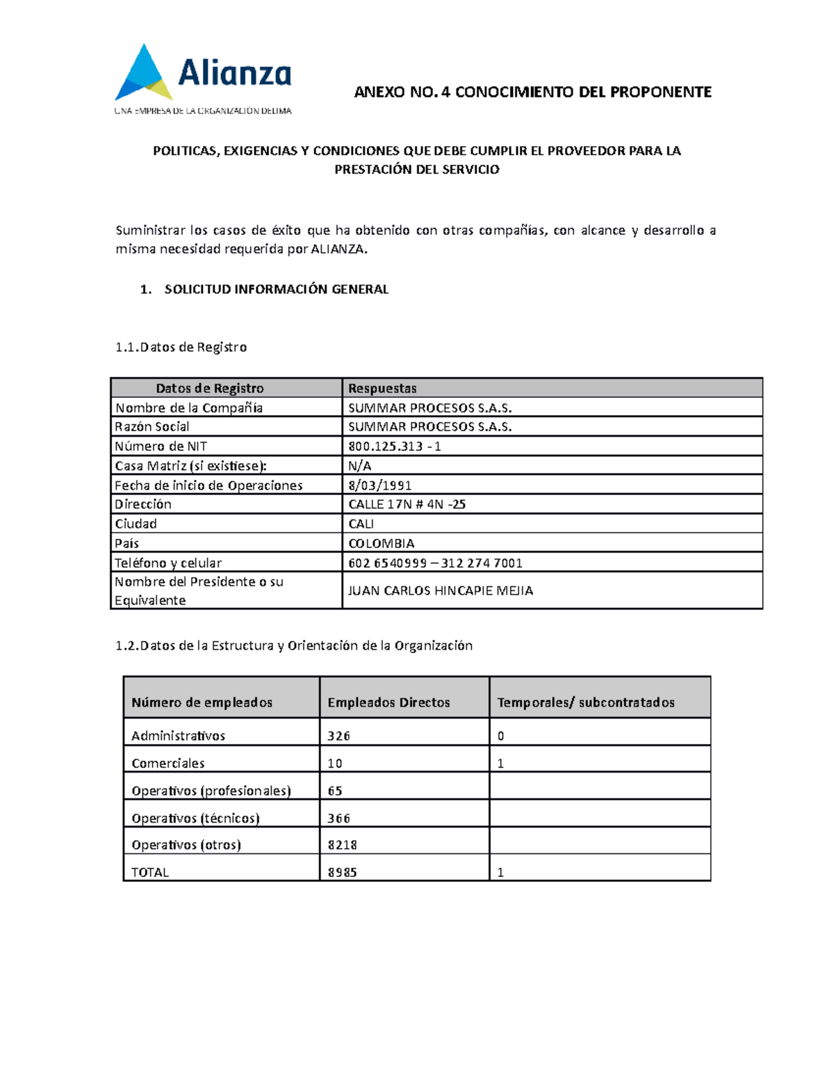 Anexo 4 - Conocimiento del proponente - POLITICAS, EXIGENCIAS Y ...