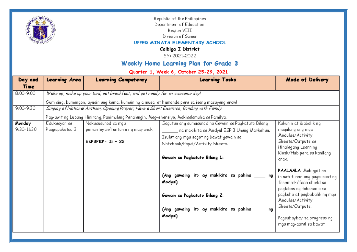 Grade 3 WHLP Q1 W6 - LUSITVA - Weekly Home Learning Plan for Grade 3 ...