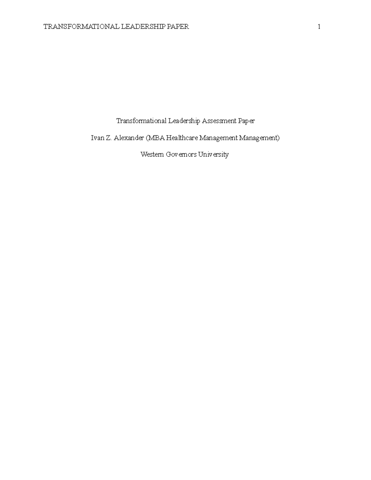 Transformational Leadership Assessment Paper - Alexander (MBA ...