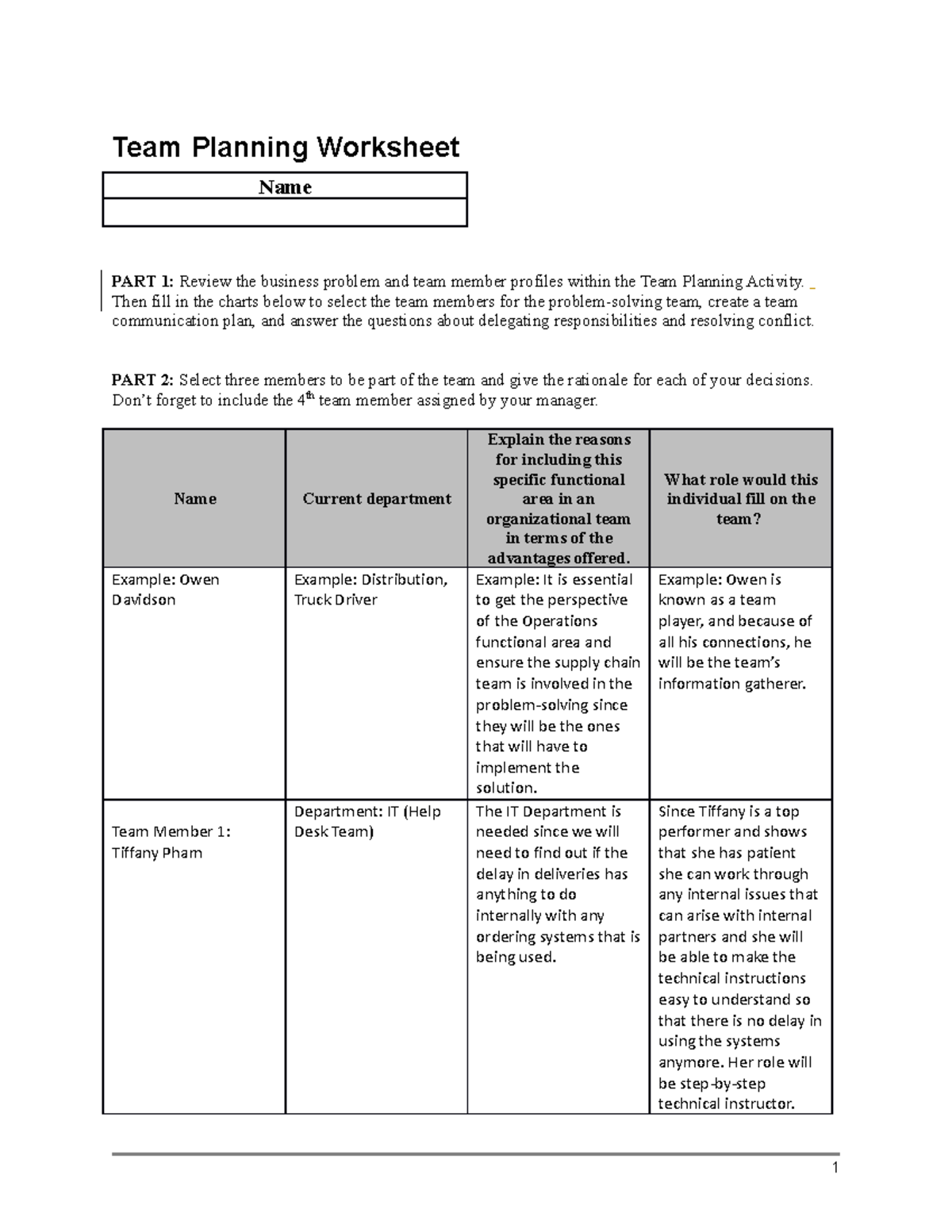BUS-FXP3007 Assignment 3-2 - Team Planning Worksheet Name PART 1 ...