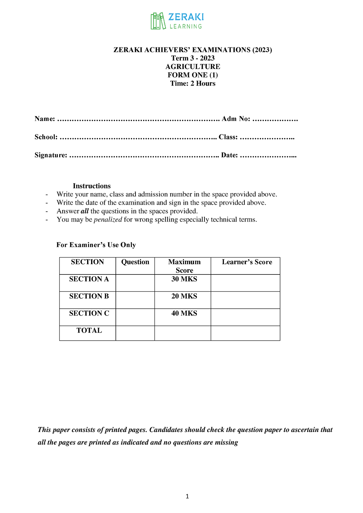 zeraki assignments form 1