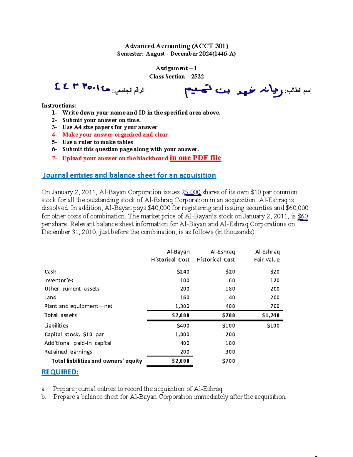 Advanced Accounting - Assignment 1 - Advanced Accounting (ACCT 301 ...