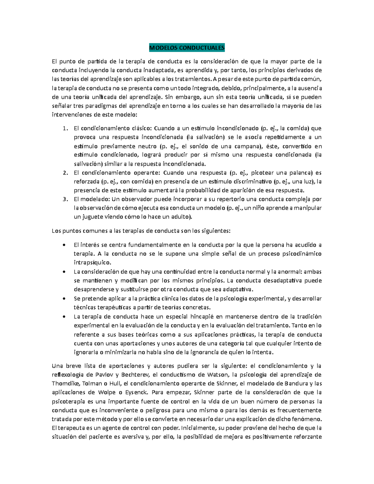 Material DE Apoyo PARA Laboratorio - MODELOS CONDUCTUALES El punto de ...