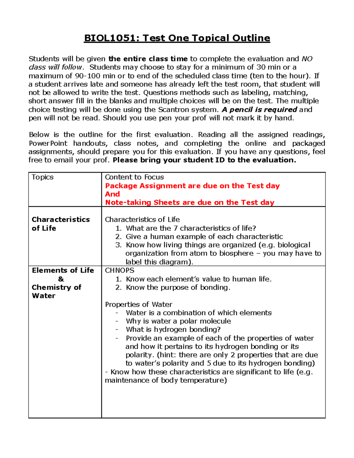Biology test one outline BIOL1051 Test One Topical Outline Students