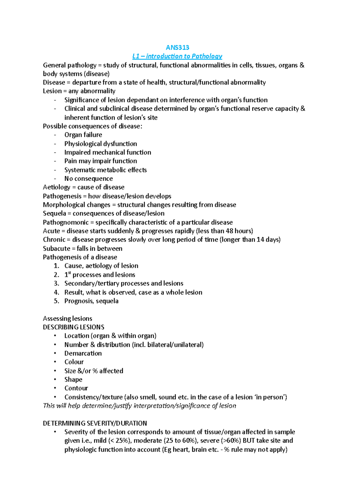 Pathology Lecture Notes - ANS L1 – introduction to Pathology General ...