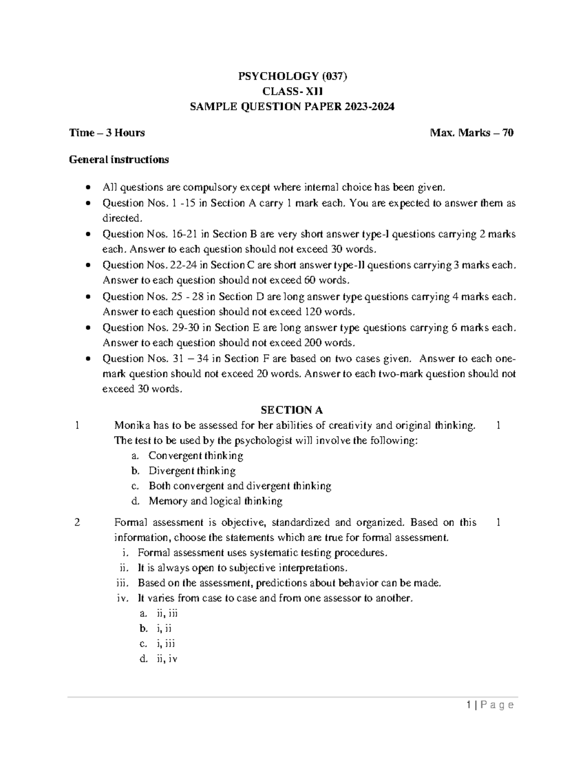 Cbse Class 12 Psychology Sample Question Paper 2023 24 Pdf Psychology 037 Class Xii Sample 1783