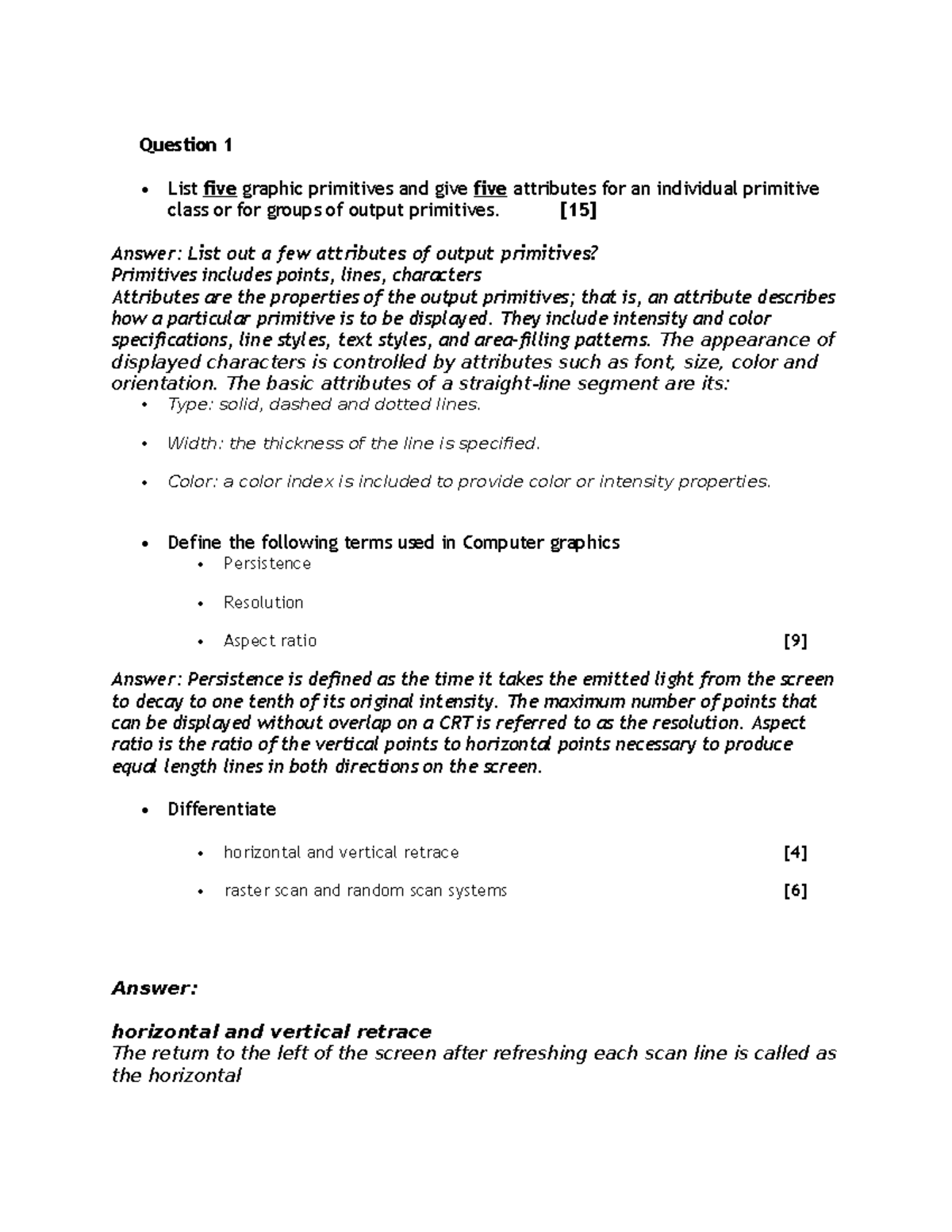 Computer Graphics - Question 1 List five graphic primitives and give ...