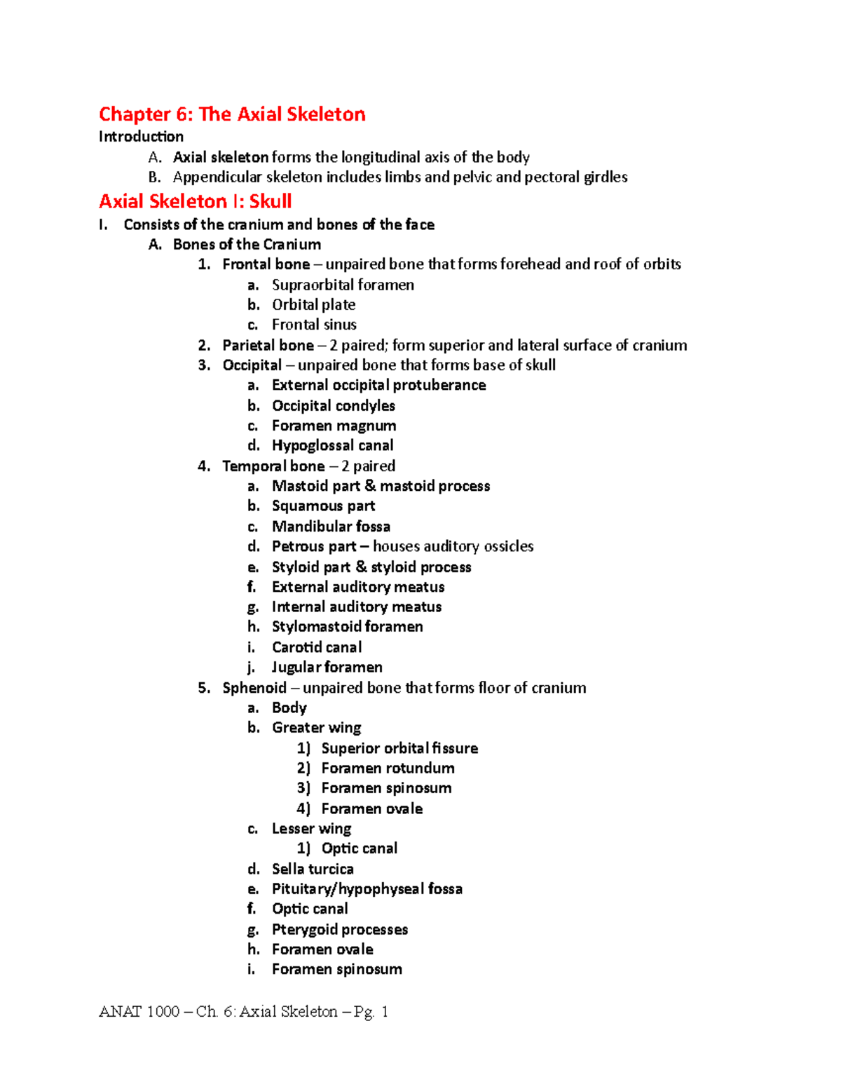 Ch. 6 outline - Lecture notes Chapter 6 - Chapter 6: The Axial Skeleton ...