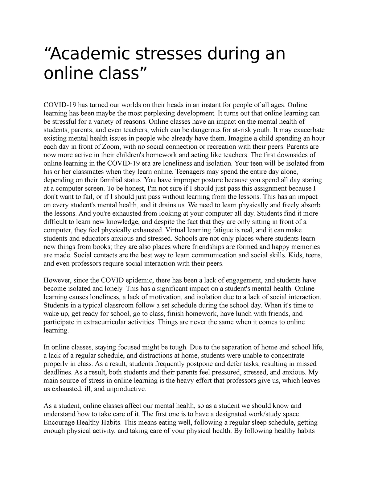 academic stress due to online classes research paper