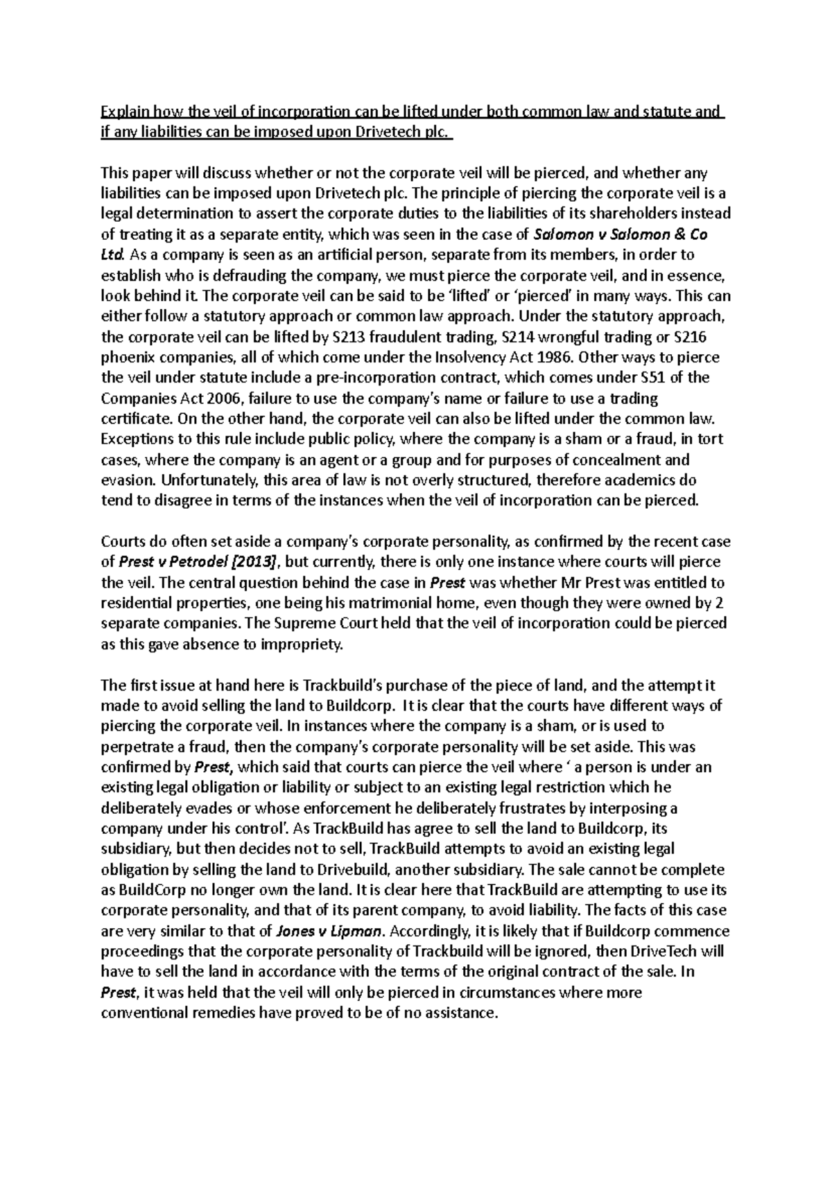 Veil of Incorporation First Class Notes Explain how the veil of