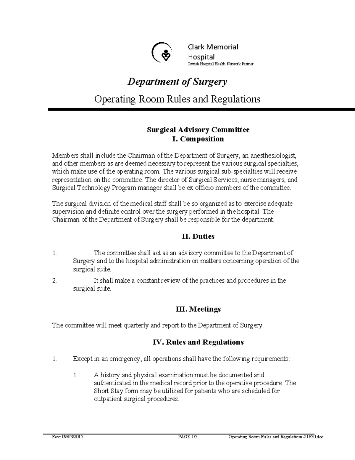 Operating Room Rules and Regulations 21630 !!! Clark!Memorial
