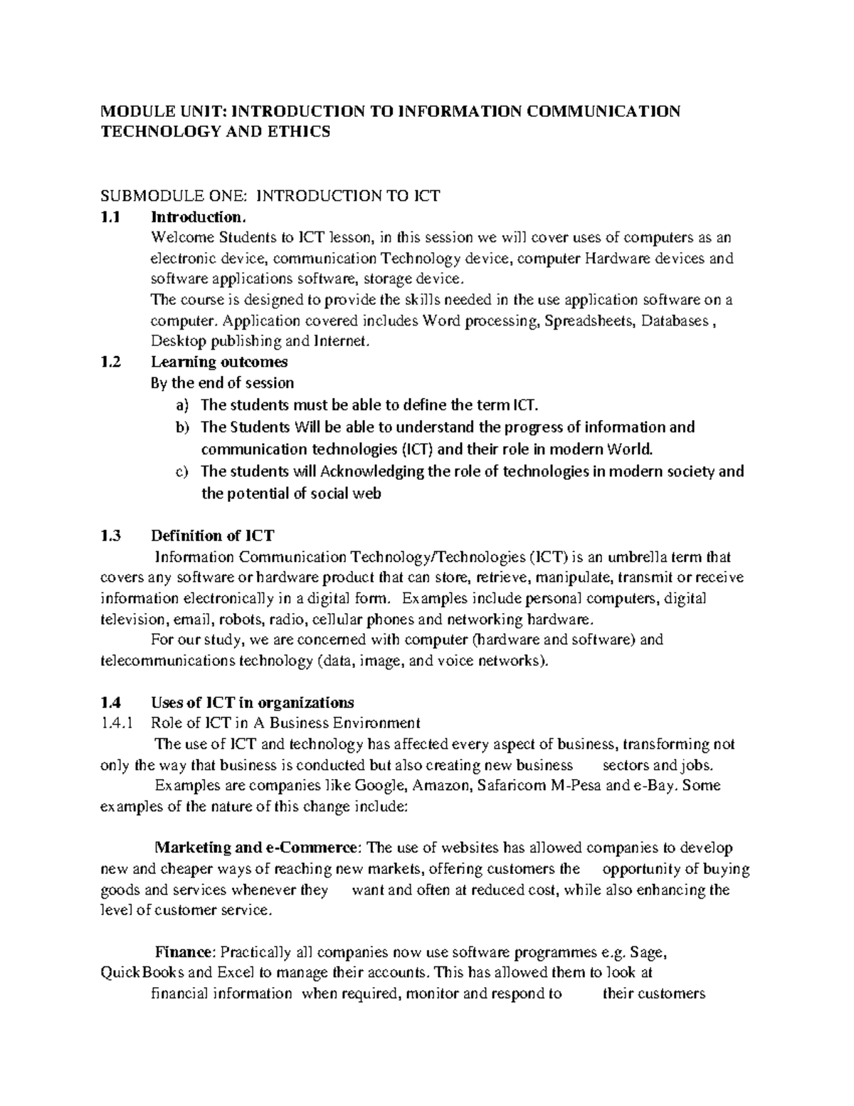 Module UNIT one - MODULE UNIT: INTRODUCTION TO INFORMATION ...