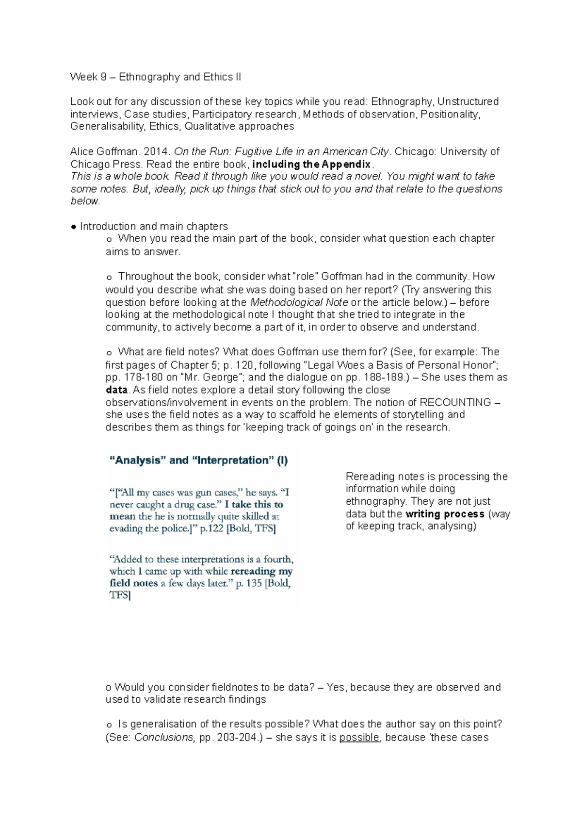 Research Design Notes Week 9 - Week 9 – Ethnography and Ethics II Look ...