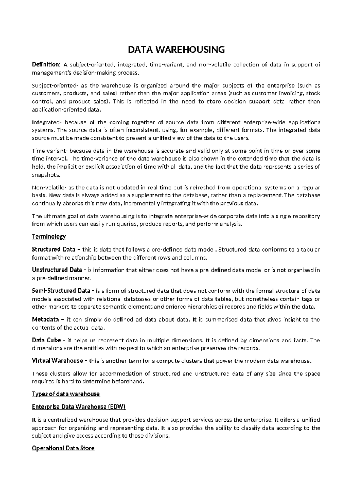 DATA Warehousing defn - NOTES - DATA WAREHOUSING Definition: A subject ...