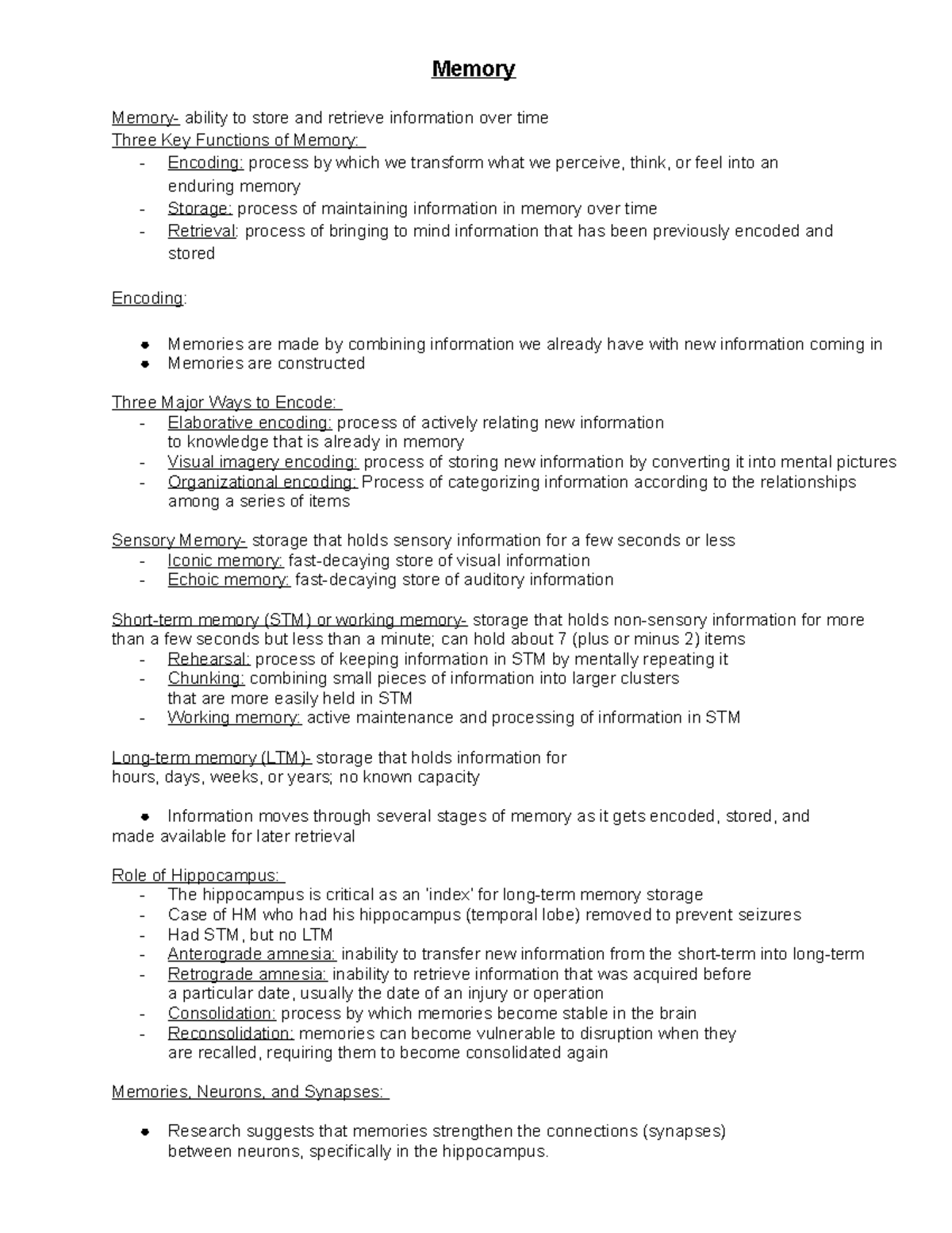 Psychology Notes Week 8 - Memory Memory- ability to store and retrieve ...