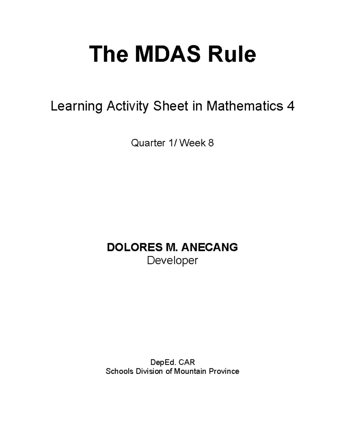 Proper to Improper Fraction - The MDAS Rule Learning Activity Sheet in ...