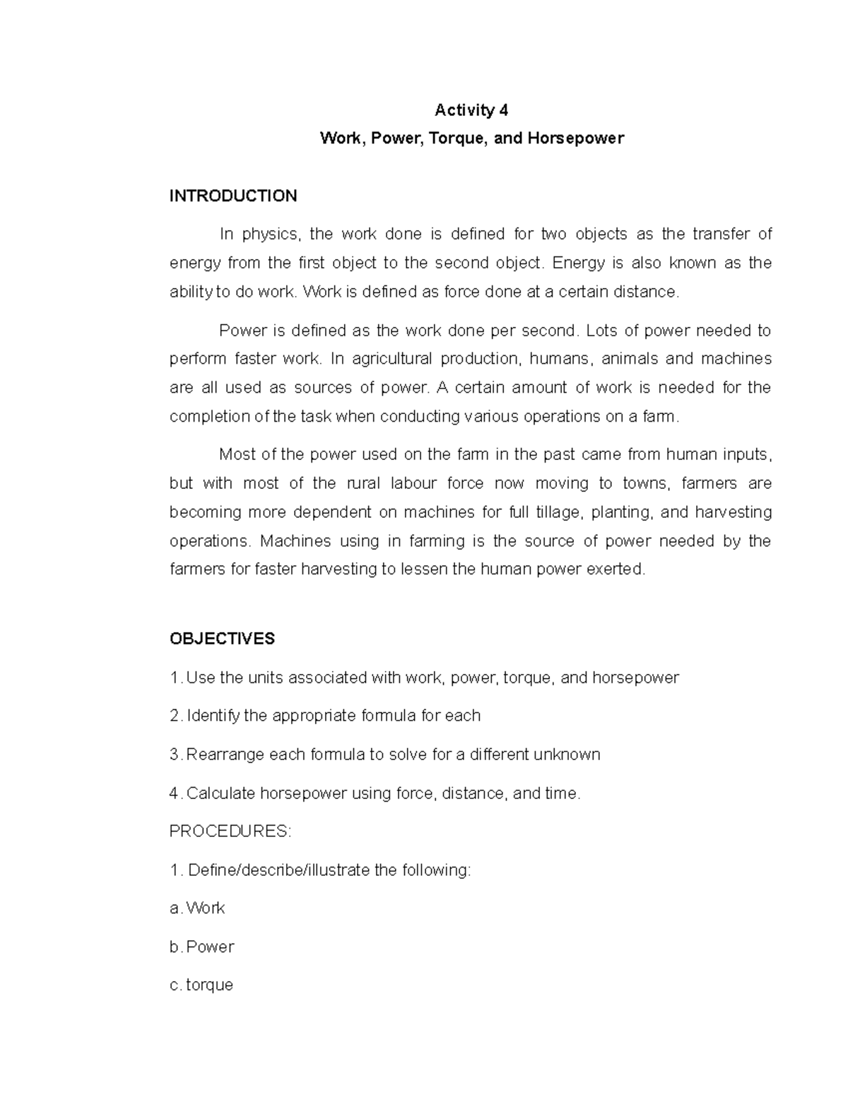Activity 4 WPTH t11 Work Power Torque and Horsepower Activity 4