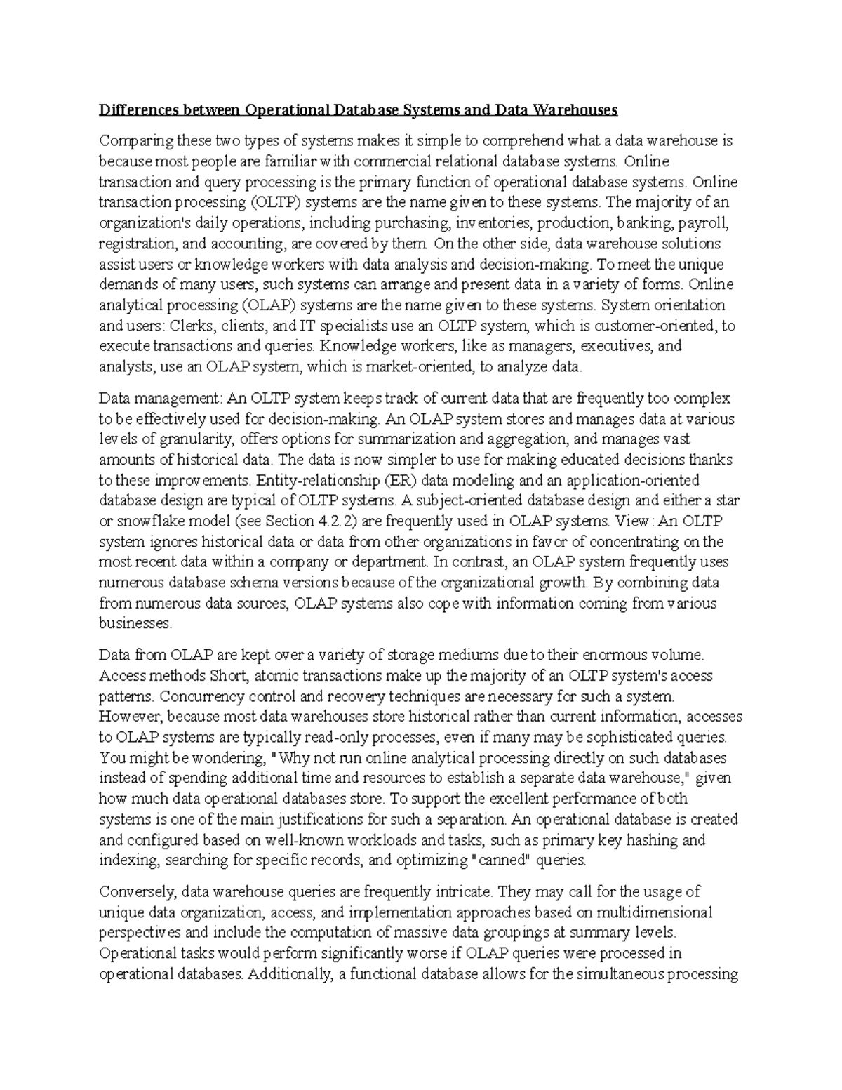 Differences between Operational Database Systems and Data Warehouses ...