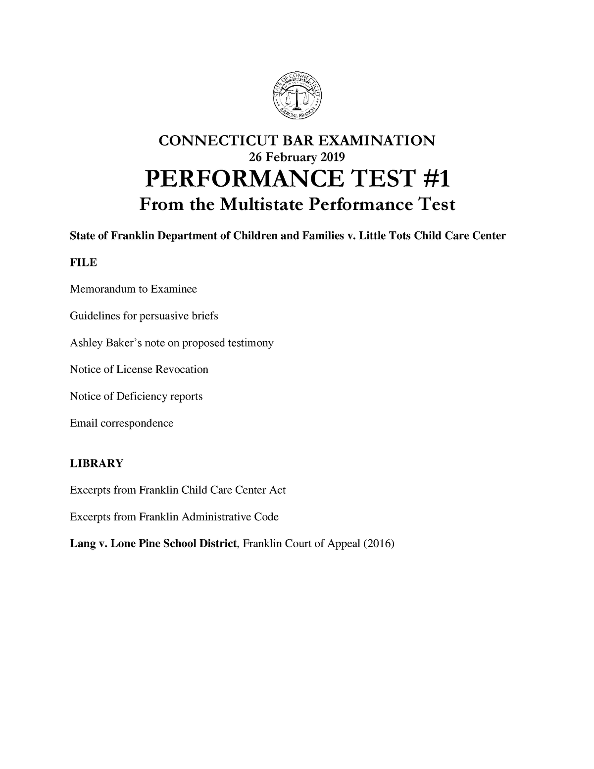 Connecticut Bar Exam Performance Test Little Tots Child Care Center