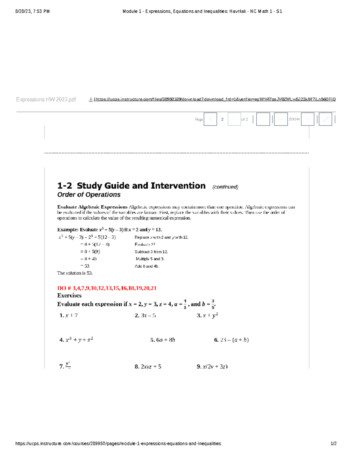 Module 1 - Expressions, Equations and Inequalities Havrilak - NC Math 1 ...